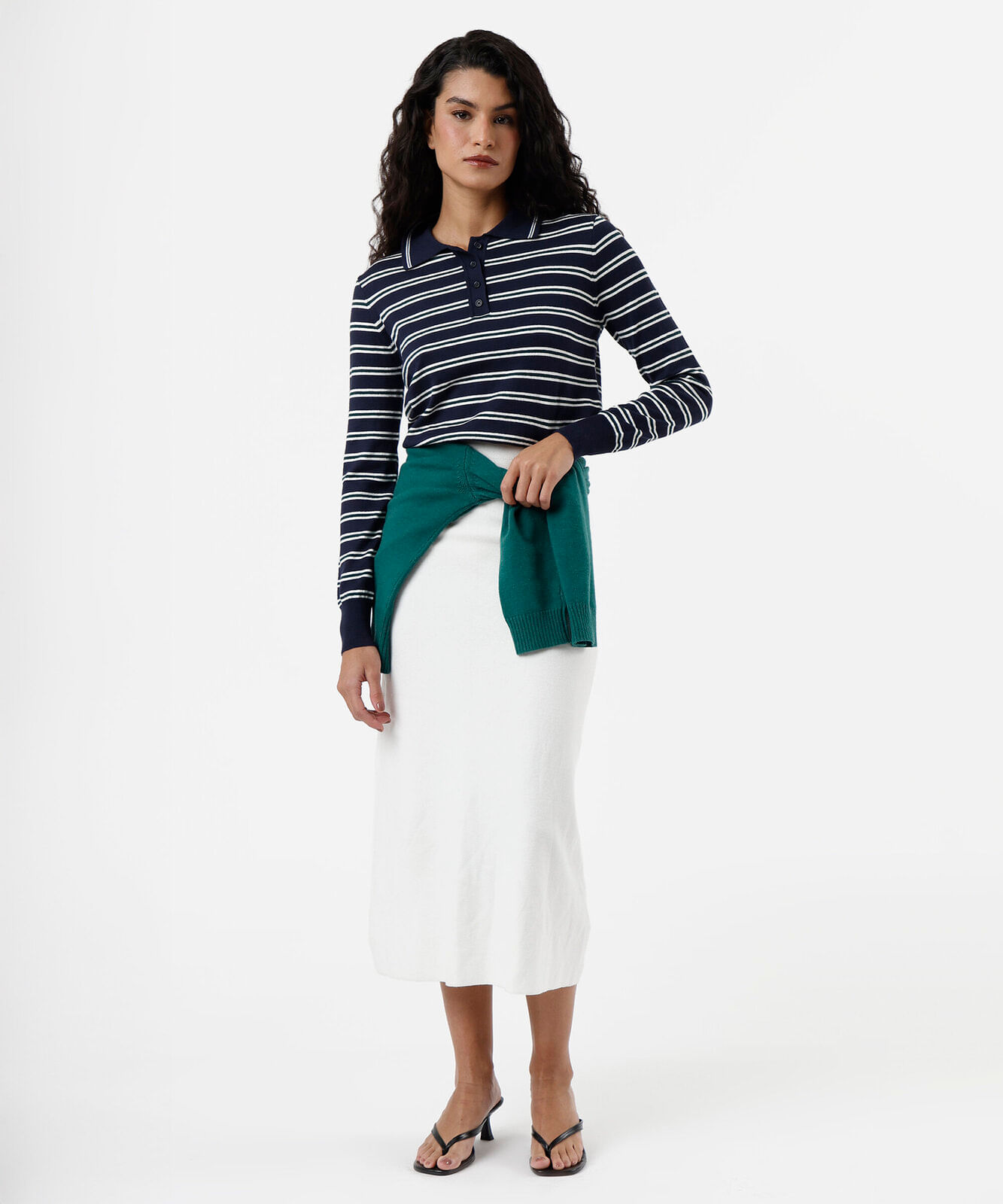 polo básica feminina de tricot manga longa listrada azul