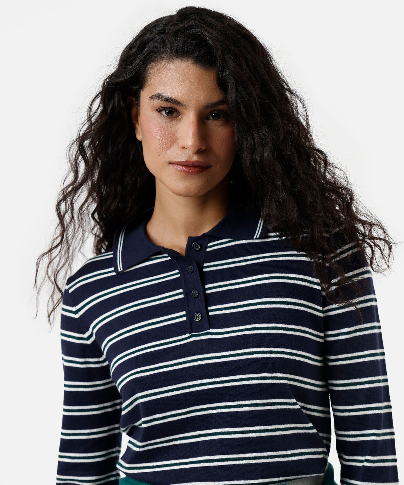 polo básica feminina de tricot manga longa listrada azul