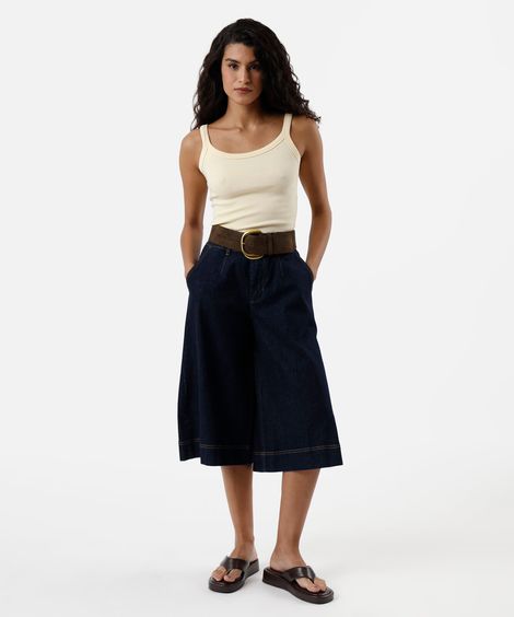 bermuda jorts feminina jeans com pregas listrada cintura média azul