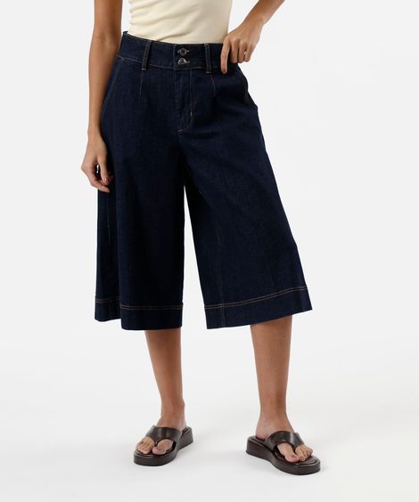 bermuda jorts feminina jeans com pregas listrada cintura média azul