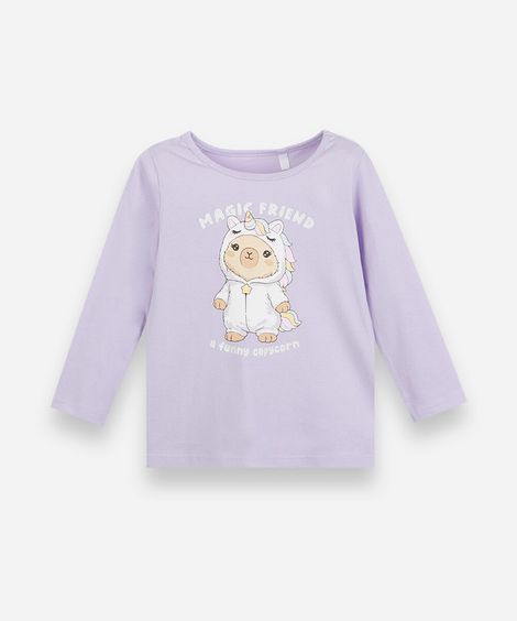 blusa infantil de algodão manga longa estampada lilás