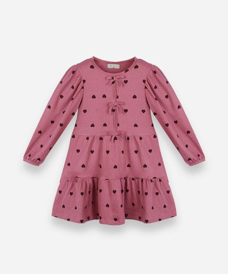 vestido infantil de algodão com recorte manga longa corações rosa