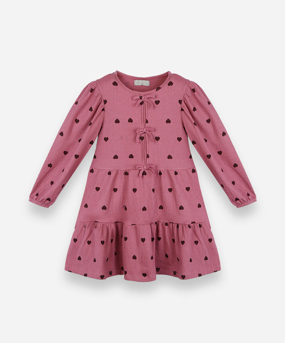 vestido infantil de algodão com recorte manga longa corações rosa