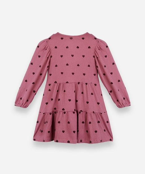 vestido infantil de algodão com recorte manga longa corações rosa
