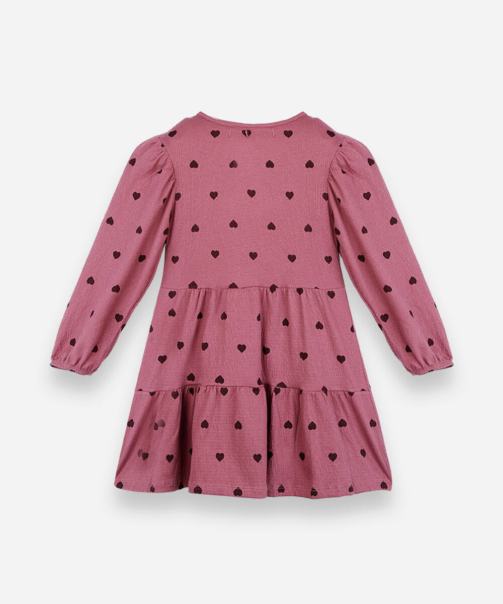 vestido infantil de algodão com recorte manga longa corações rosa