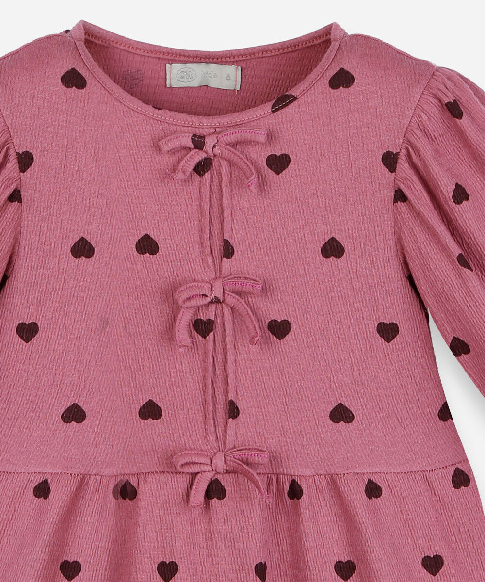 vestido infantil de algodão com recorte manga longa corações rosa