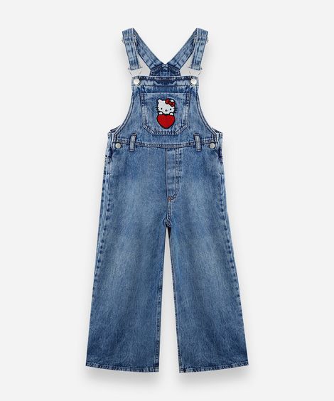 jardineira infantil jeans com bordado hello kitty azul