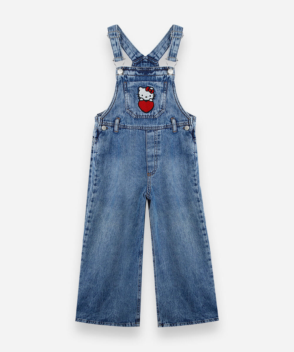 jardineira infantil jeans com bordado hello kitty azul