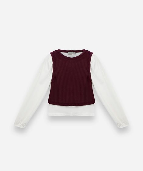 blusa infantil com algodão e sobreposição manga longa vinho