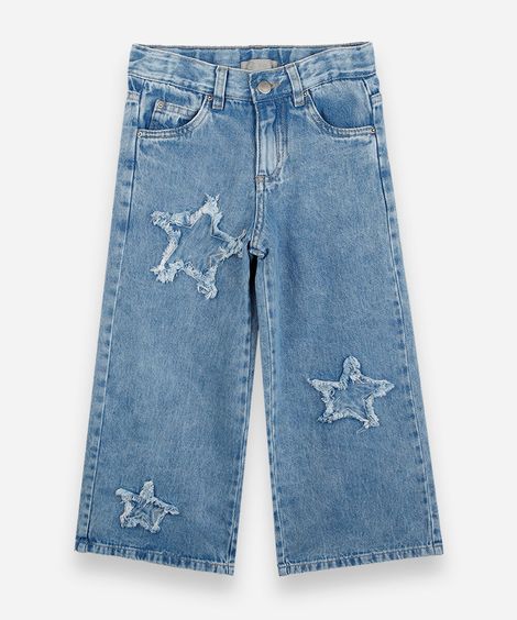 calça wide leg infantil jeans com estrelas azul