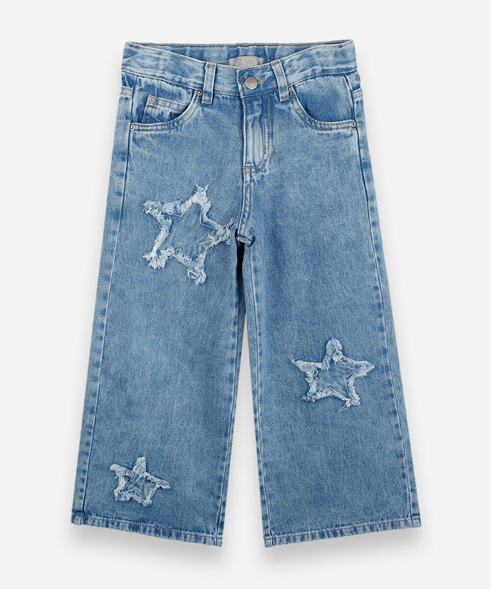 calça wide leg infantil jeans com estrelas azul