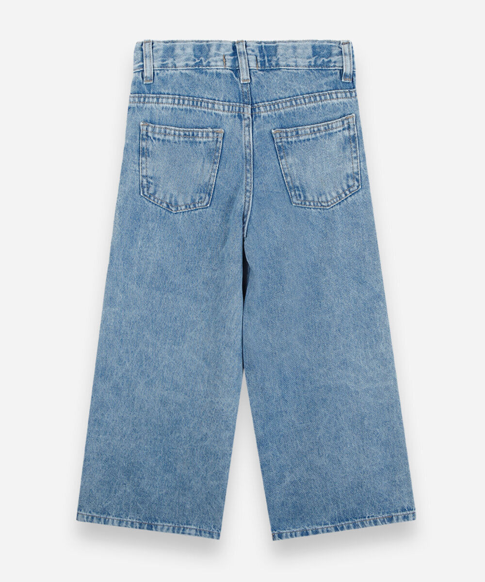 calça wide leg infantil jeans com estrelas azul