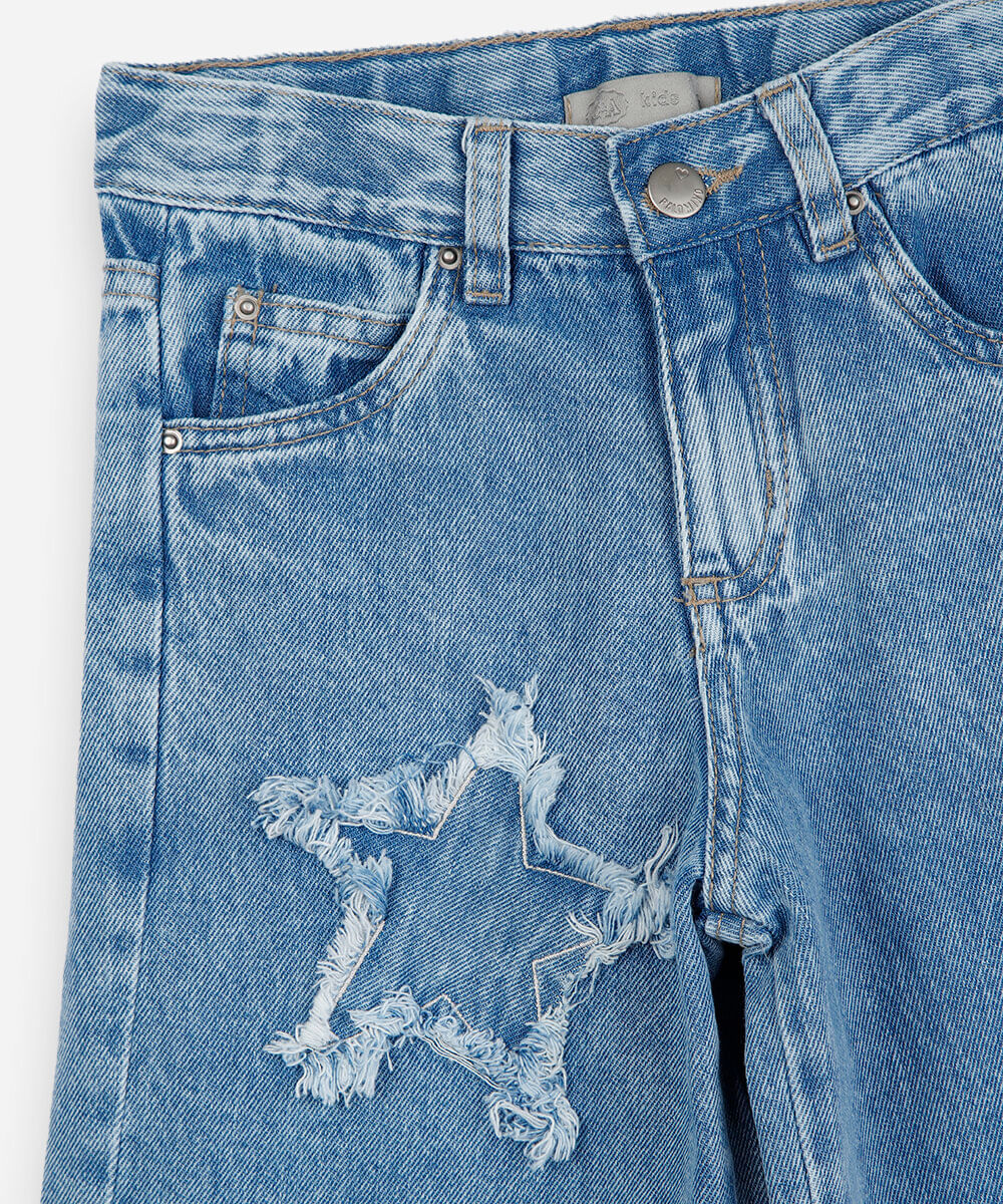 calça wide leg infantil jeans com estrelas azul