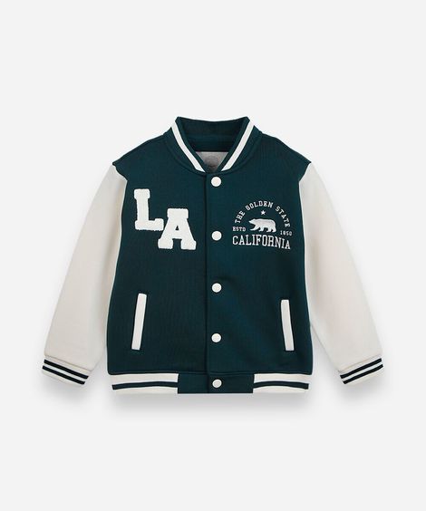 jaqueta bomber infantil de moletom com bordado verde
