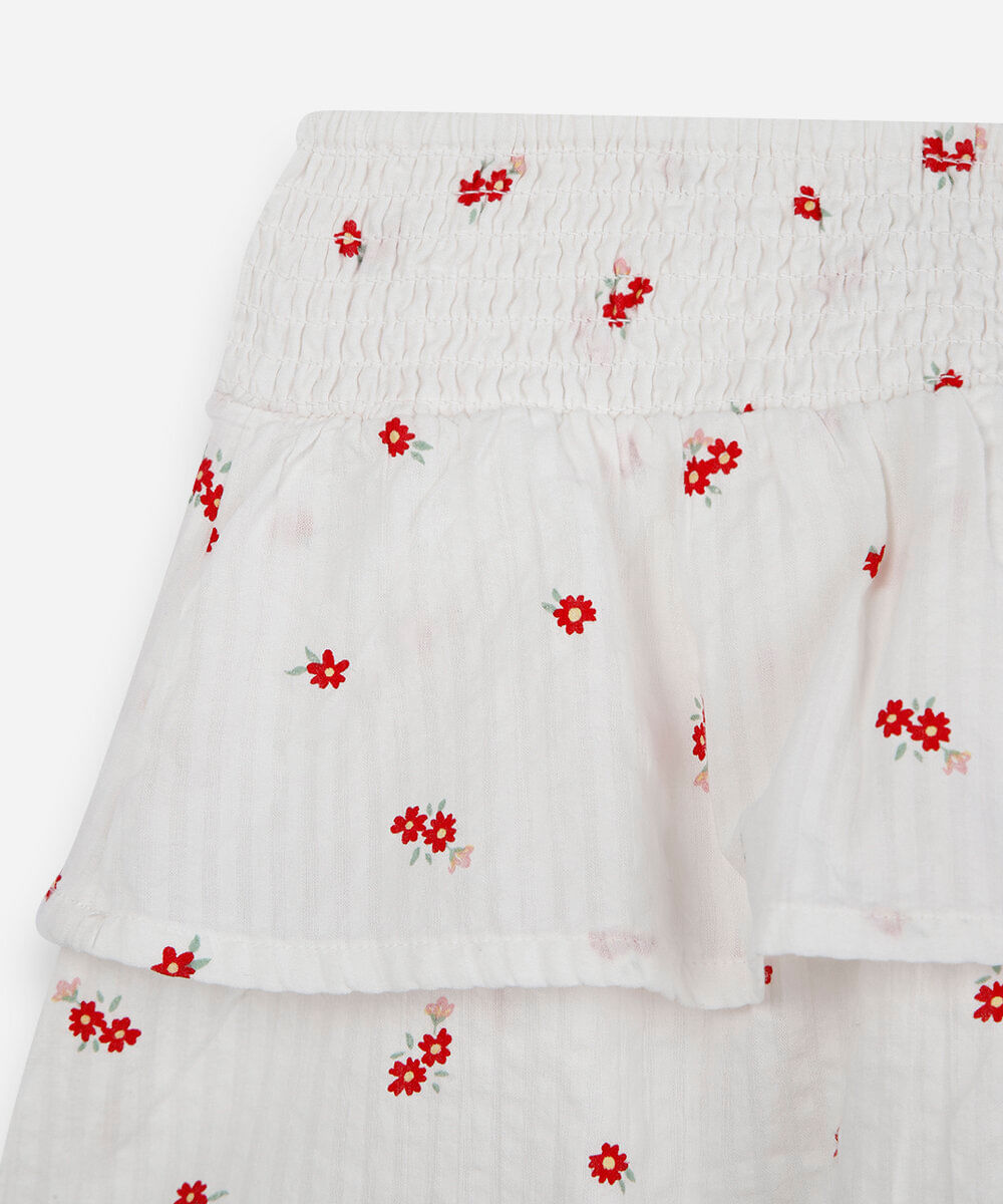saia curta infantil de algodão com lastex floral off white