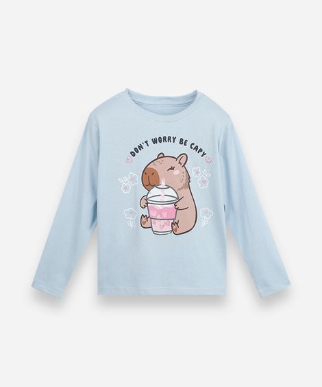 camiseta infantil de algodão manga longa estampada azul