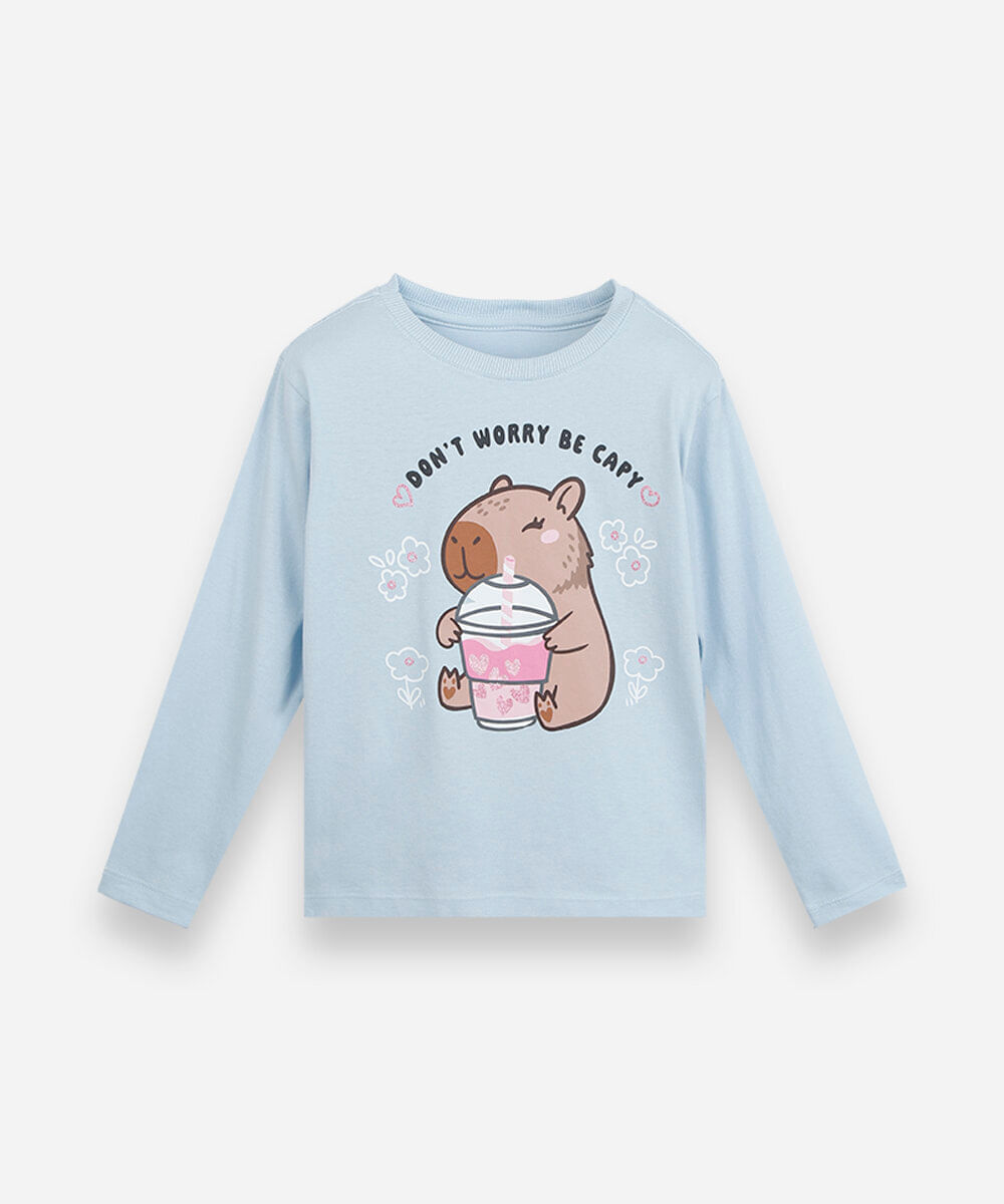 camiseta infantil de algodão manga longa estampada azul