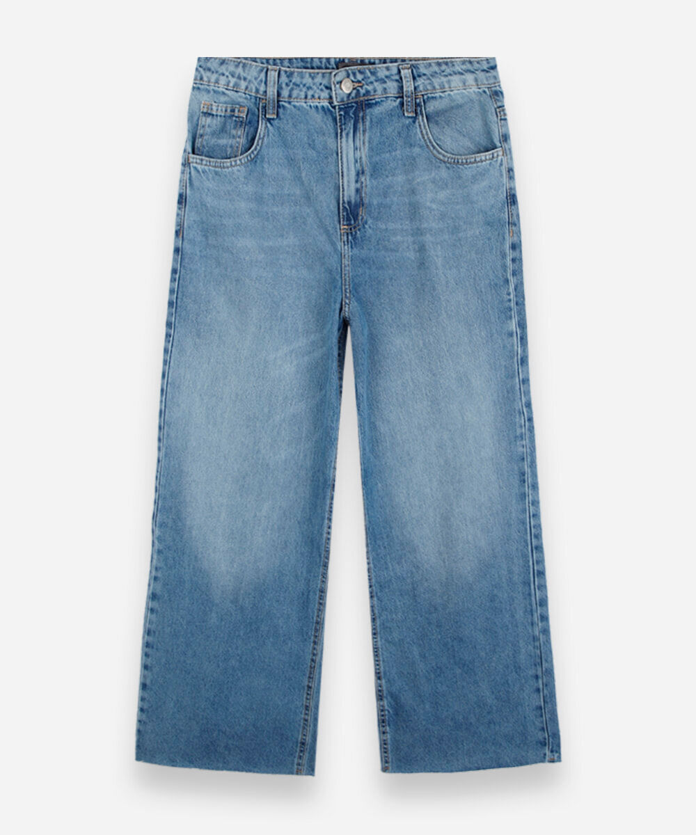 calça wide leg juvenil jeans com barra a fio azul