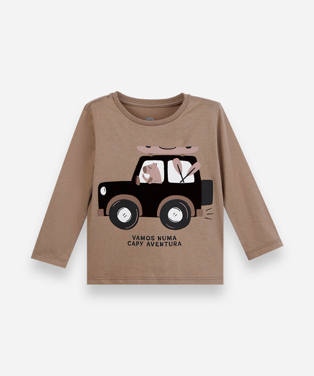 camiseta infantil de algodão manga longa estampada bege