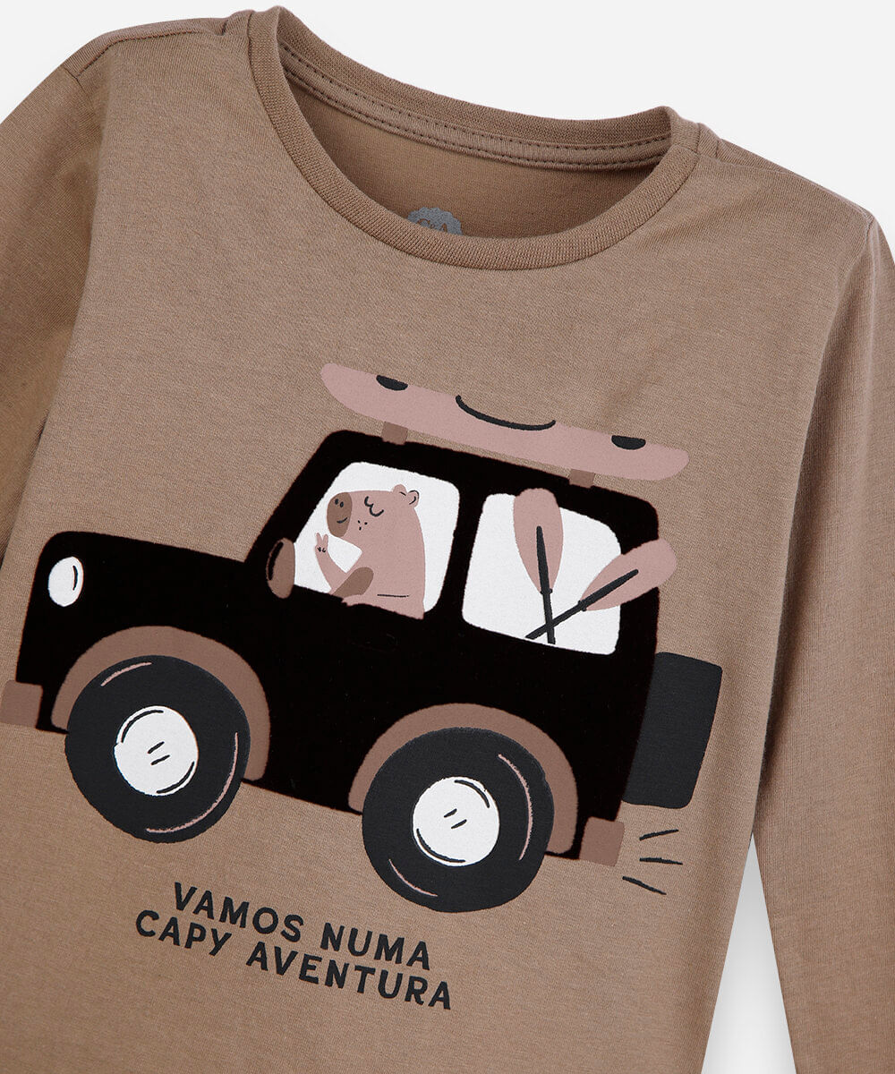 camiseta infantil de algodão manga longa estampada bege