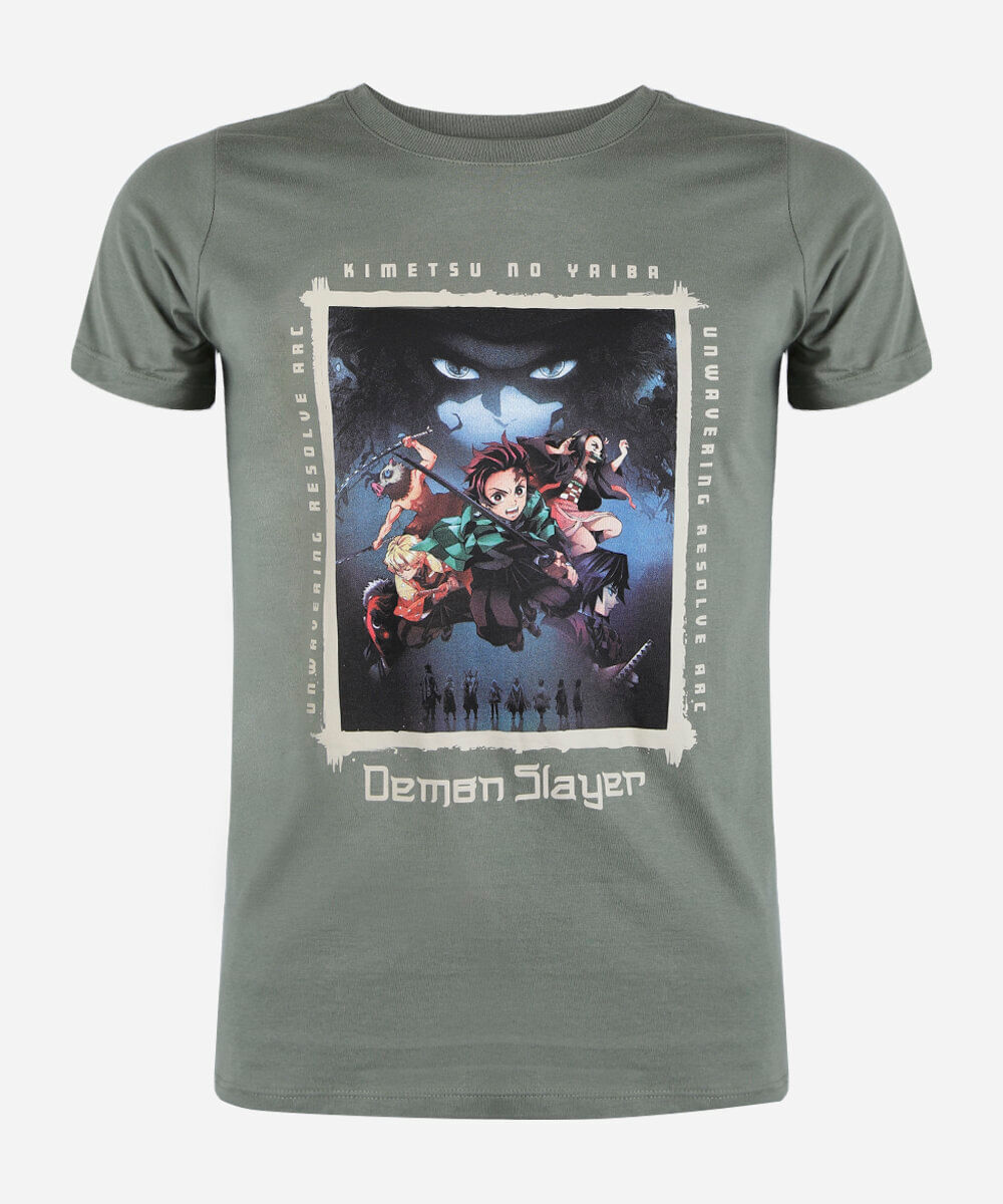 camiseta juvenil de algodão manga curta demon slayer verde