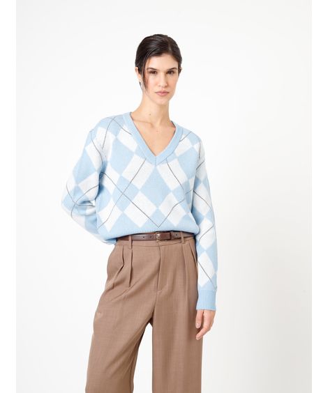 suéter feminino te tricot decote v xadrez argyle colorido