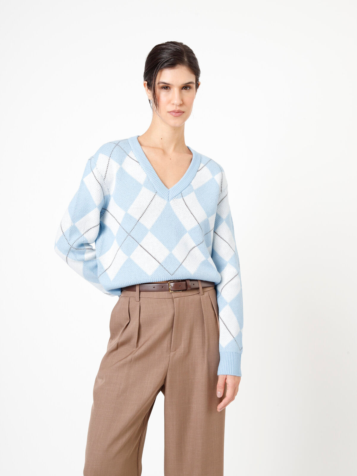 suéter feminino te tricot decote v xadrez argyle colorido
