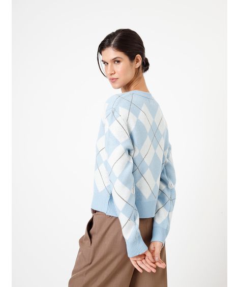 suéter feminino te tricot decote v xadrez argyle colorido
