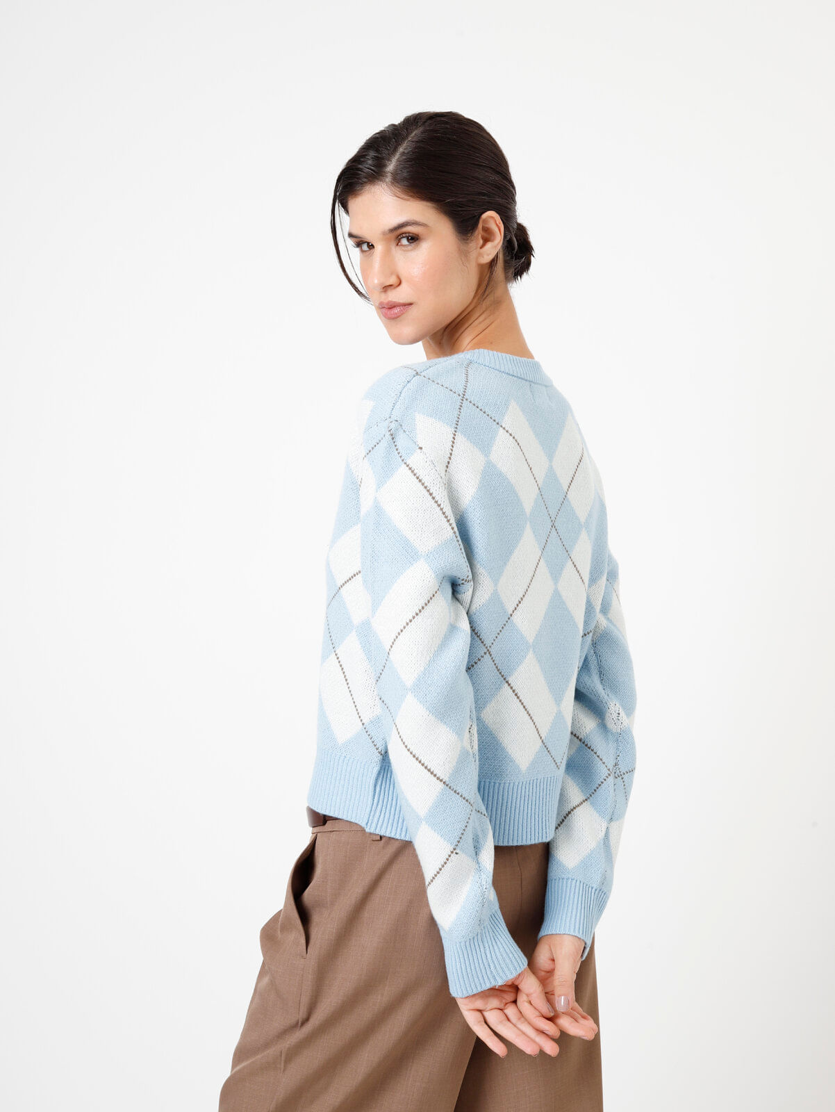 suéter feminino te tricot decote v xadrez argyle colorido
