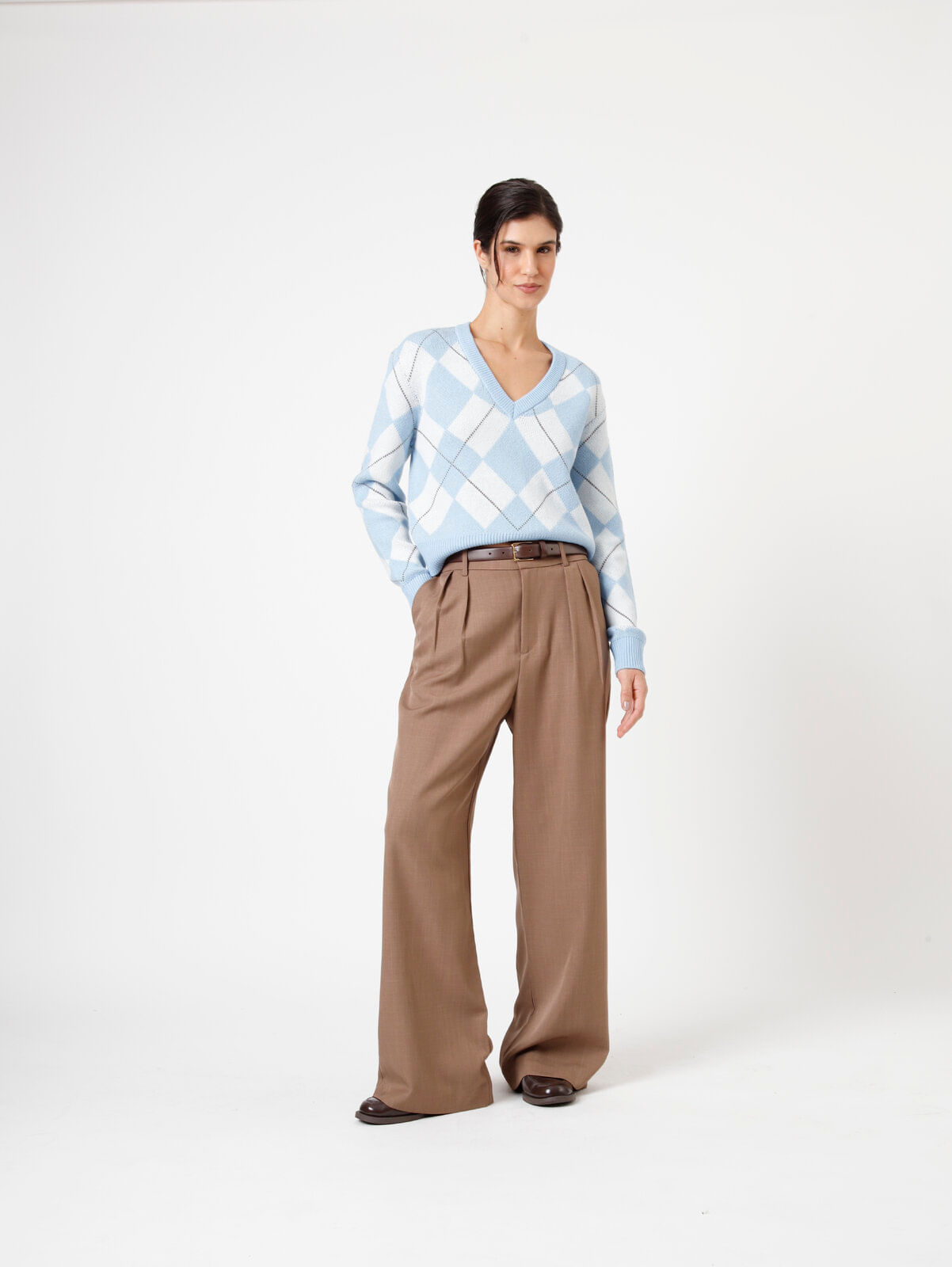 suéter feminino te tricot decote v xadrez argyle colorido