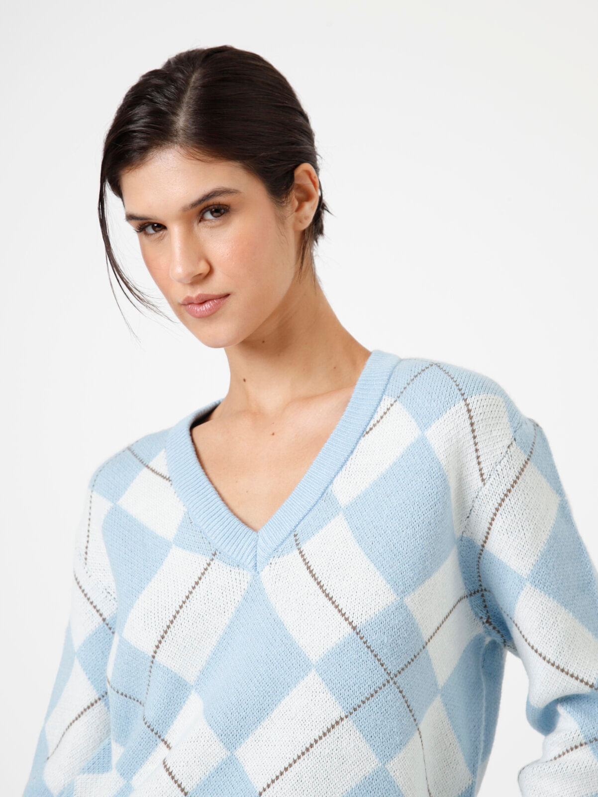 suéter feminino te tricot decote v xadrez argyle colorido