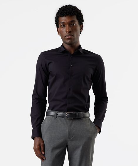 camisa manga longa slim fit algodão preta