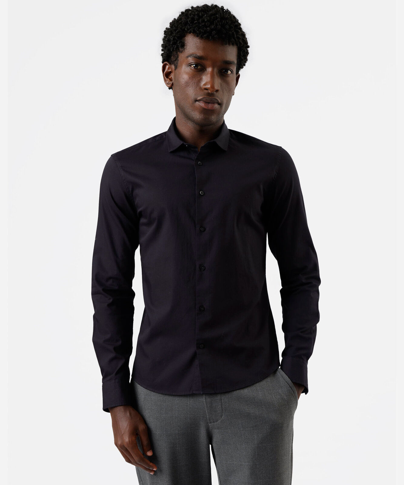 camisa manga longa slim fit algodão preta