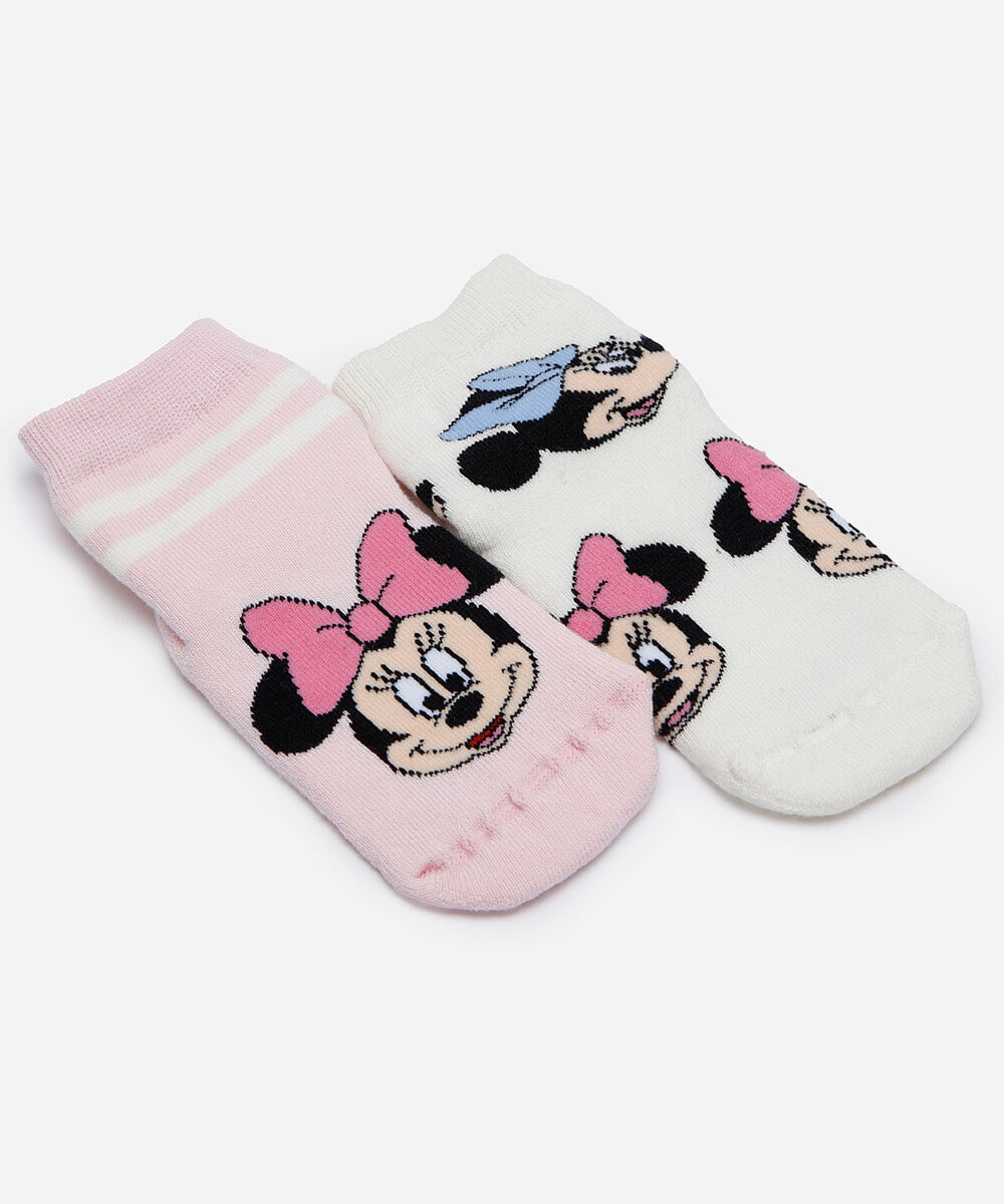 kit de 2 meias infantis cano médio minnie rosa