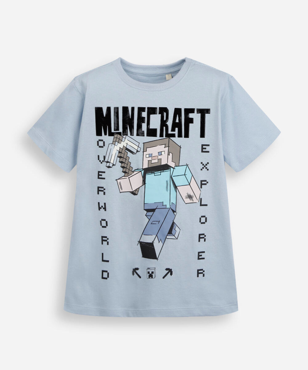 camiseta infantil de algodão minecraft azul