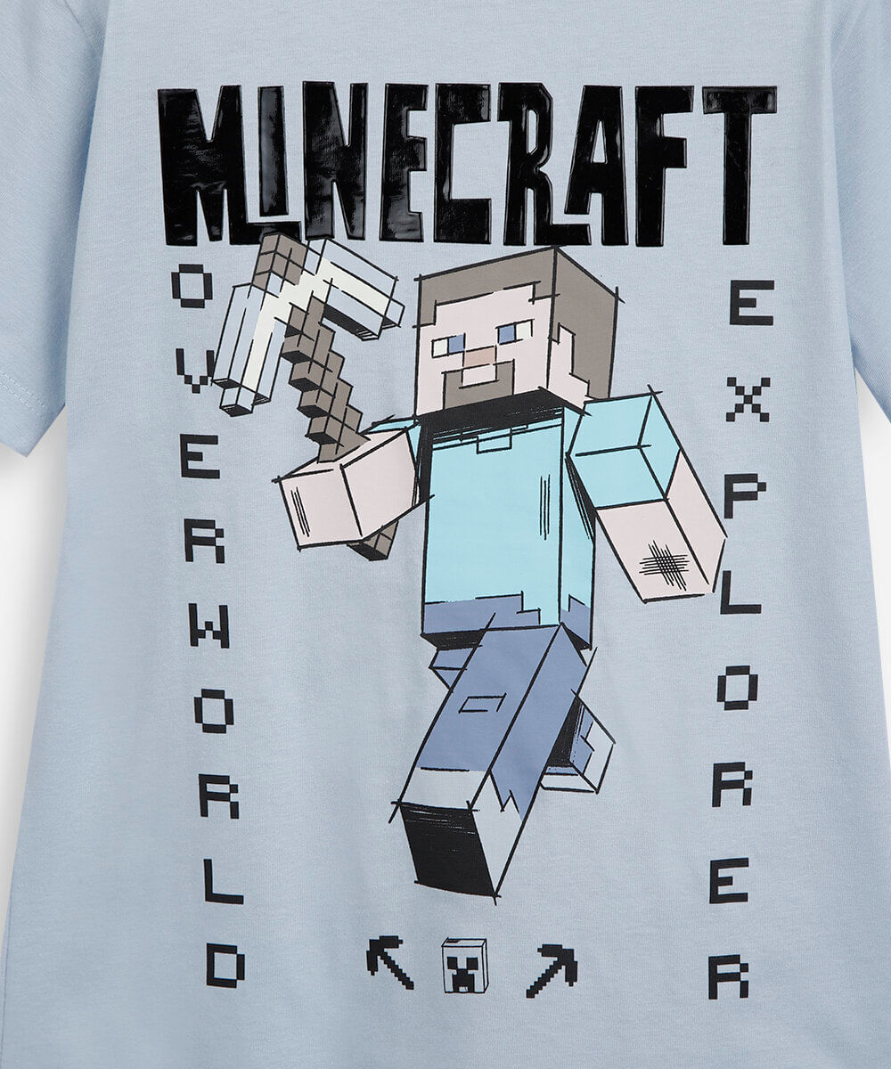 camiseta infantil de algodão minecraft azul
