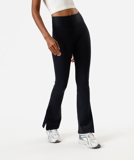 calça flare esportiva feminina de poliamida com fendas preta
