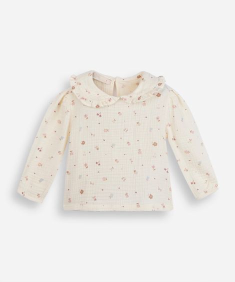 bata infantil de algodão manga longa floral off white