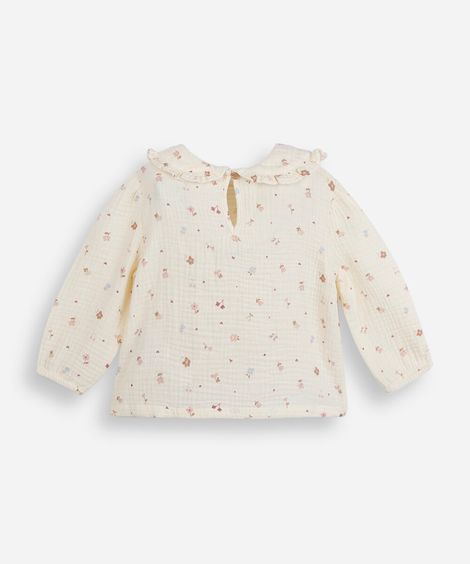 bata infantil de algodão manga longa floral off white