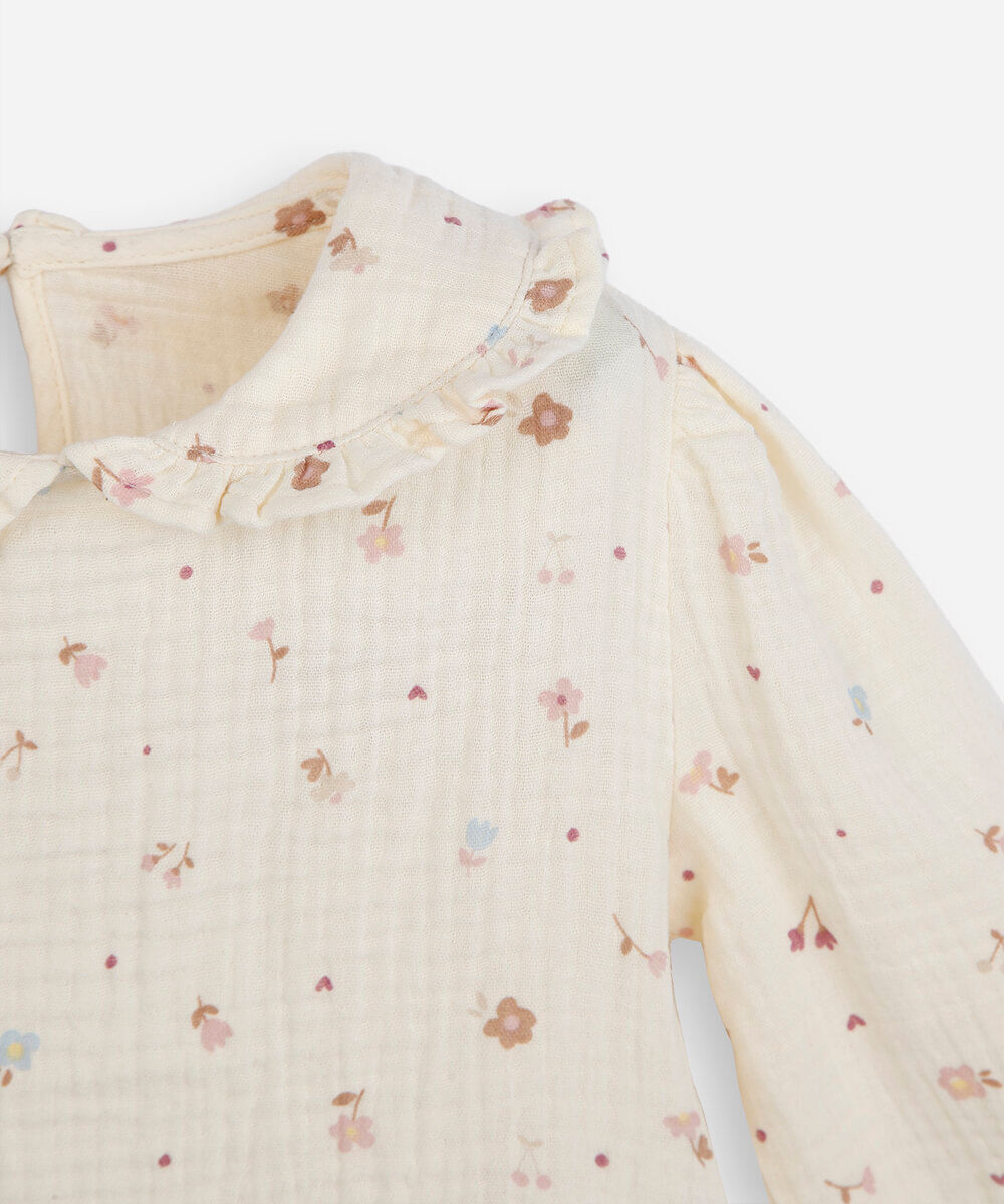 bata infantil de algodão manga longa floral off white