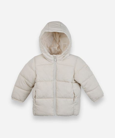 jaqueta puffer infantil com capuz bege
