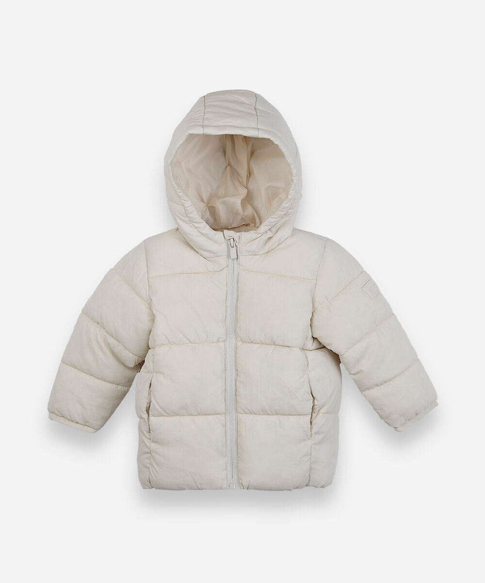 jaqueta puffer infantil com capuz bege