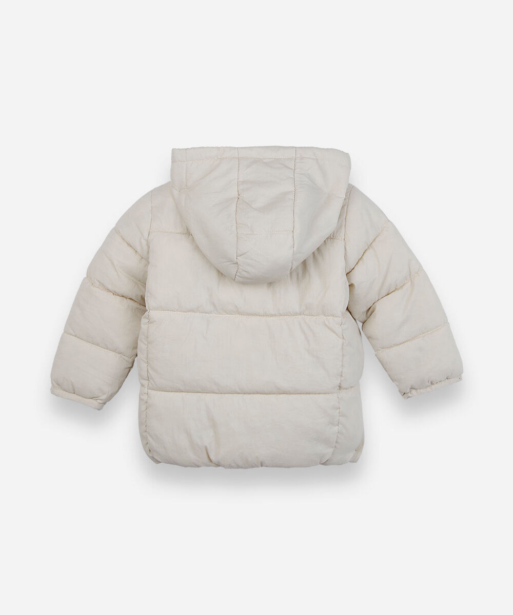jaqueta puffer infantil com capuz bege