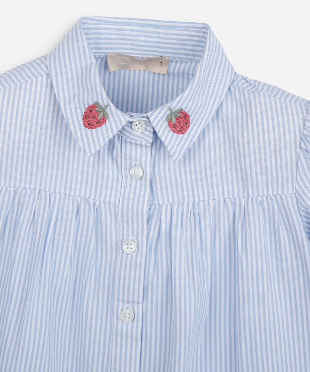 vestido infantil de algodão com bordado listrado azul
