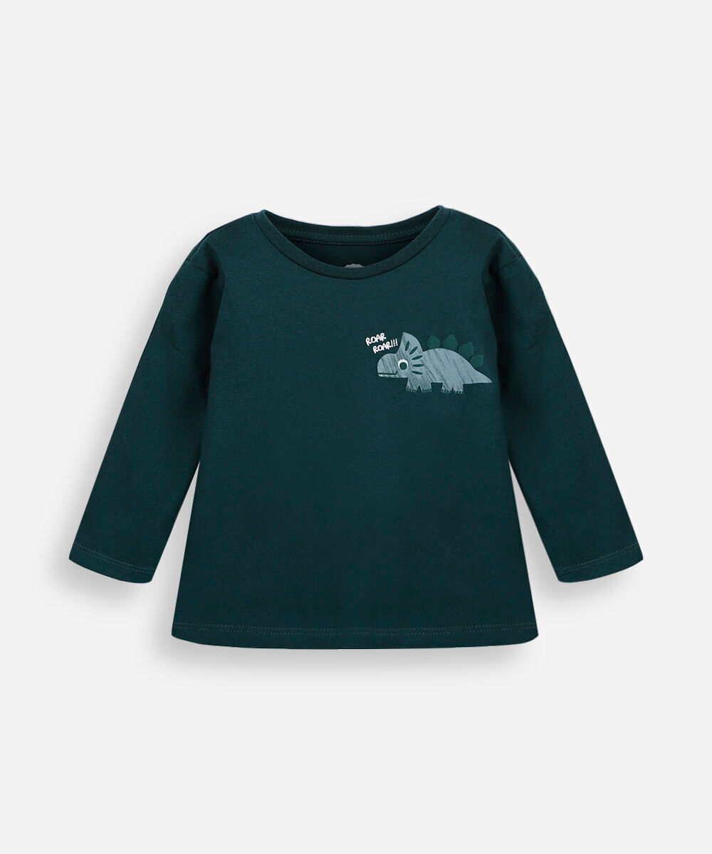 kit de 2 camisetas infantil de algodão manga longa dino colorido