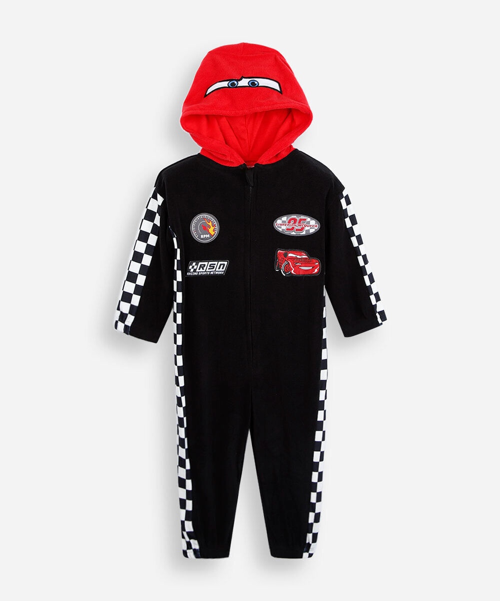 pijama macacão infantil com capuz carros preto