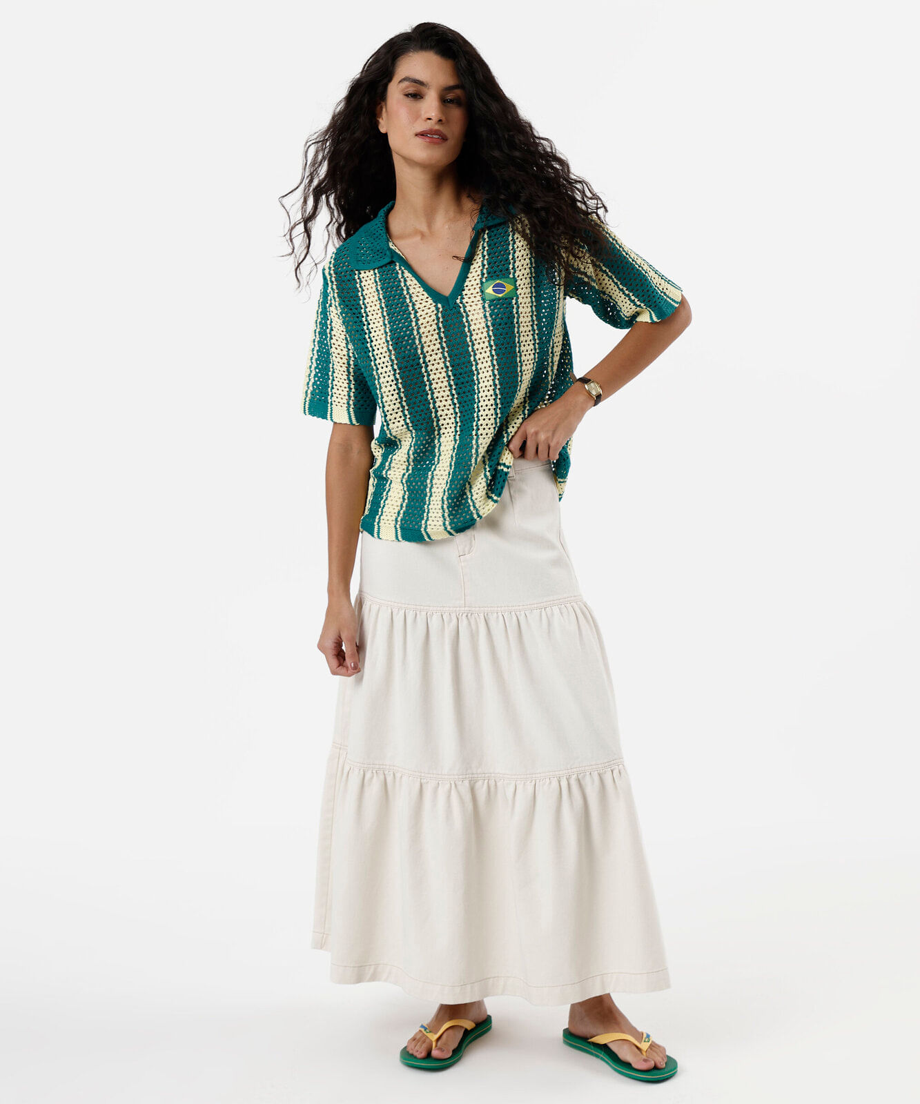 camisa polo feminina de tricot listrada brasil verde