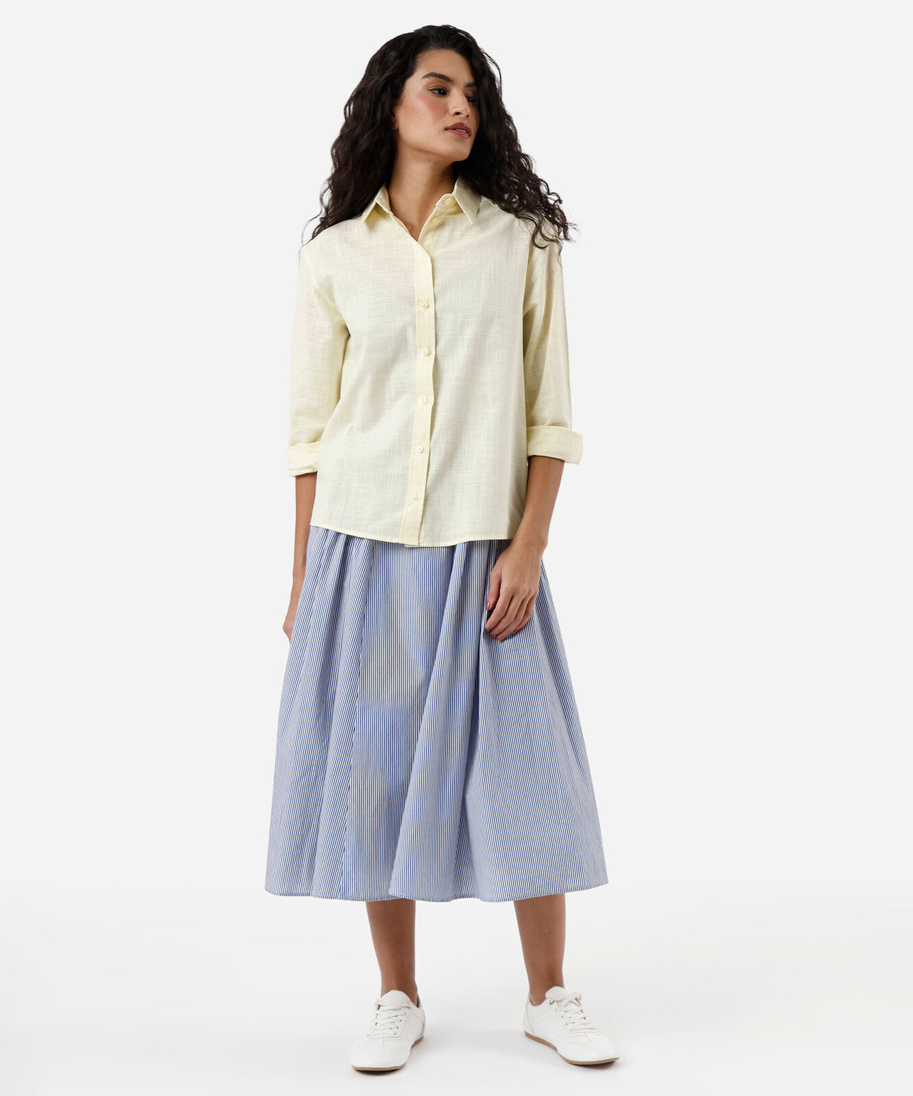 camisa feminina de algodão manga longa amarela