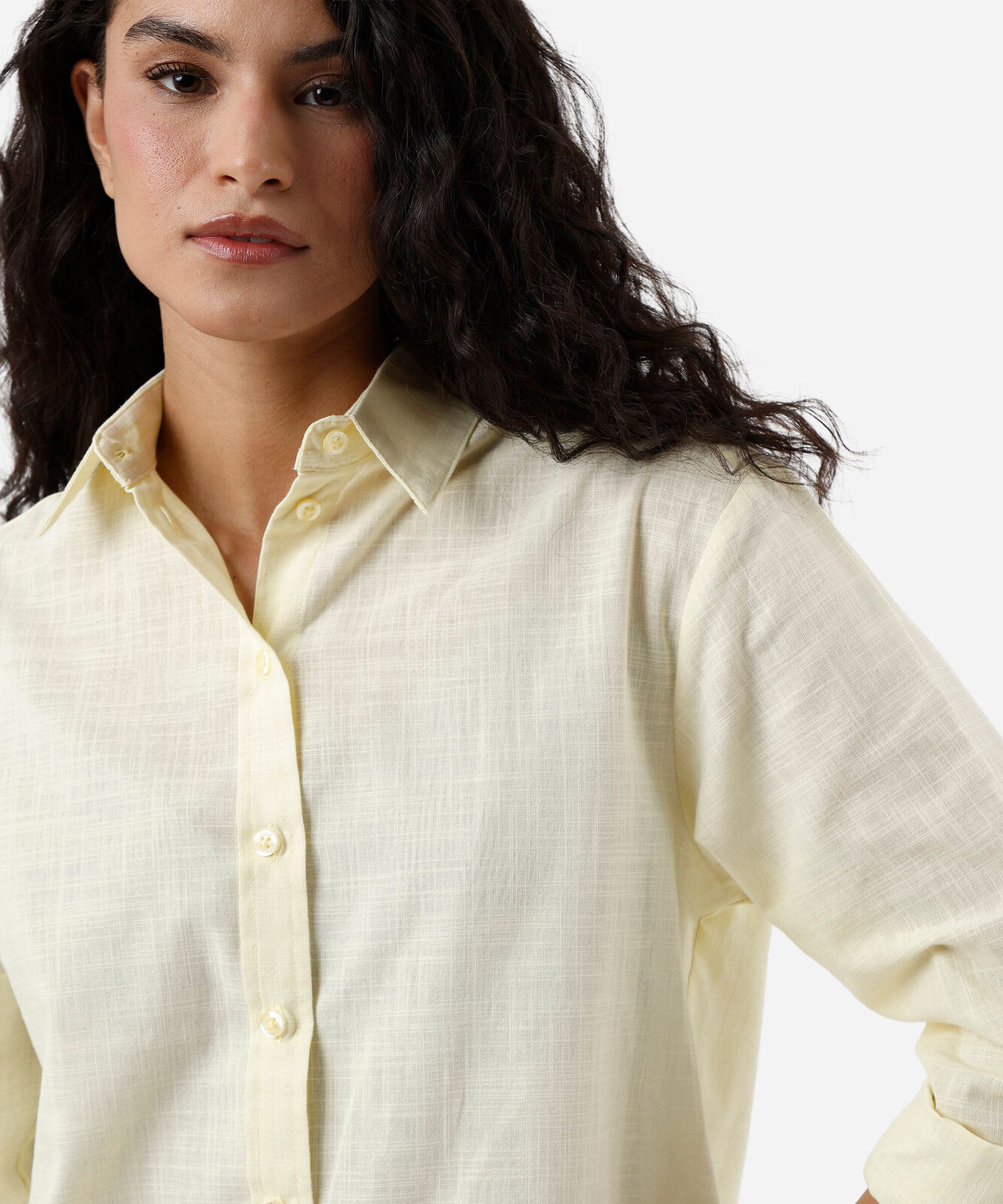 camisa feminina de algodão manga longa amarela