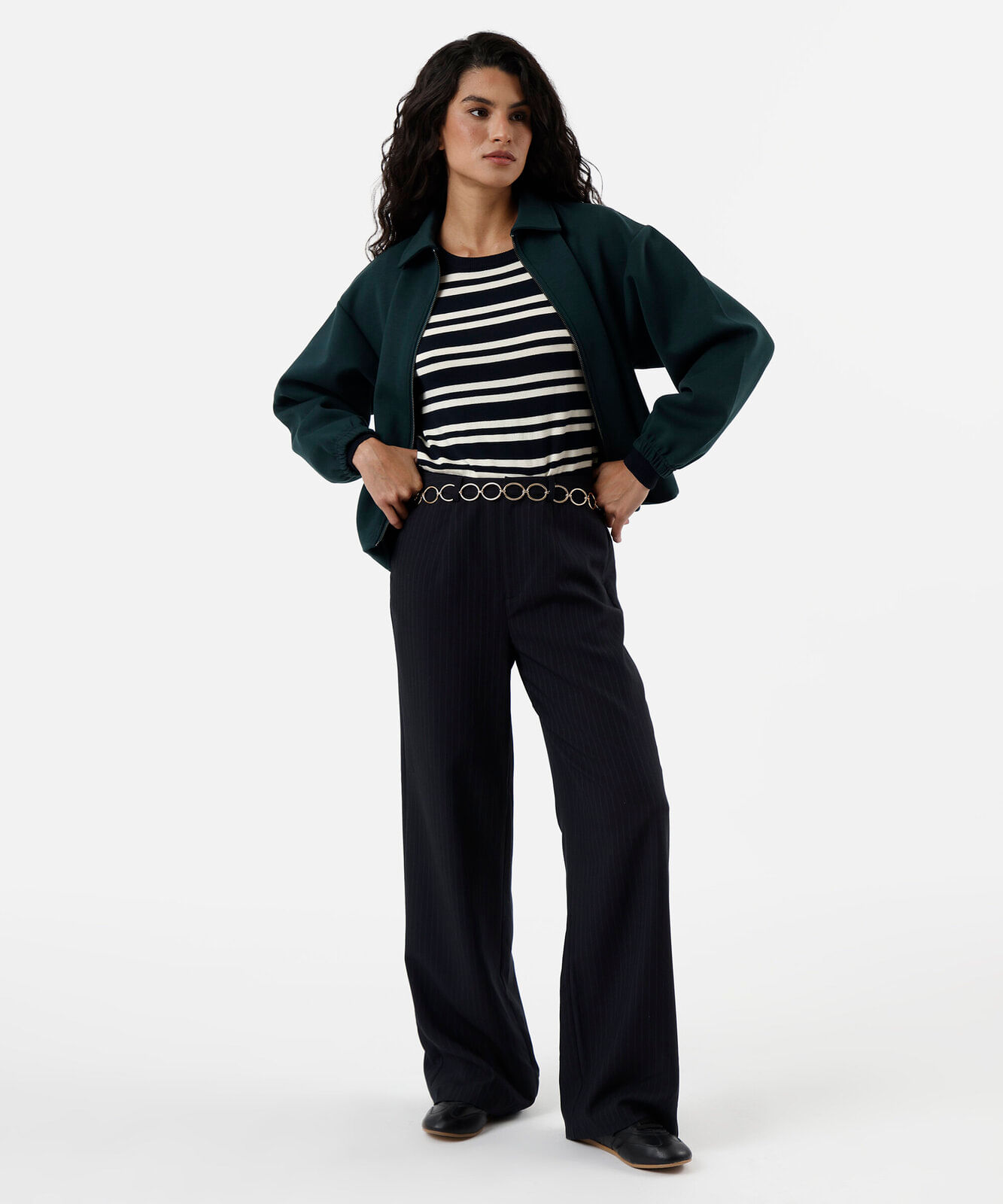 suéter feminino gola careca listrado azul